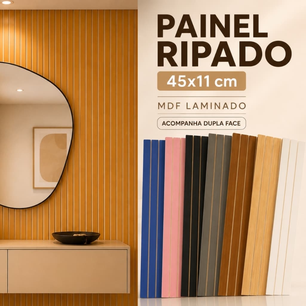 Kit Até 40 Placas Painel Ripado MDF Revestimento Decorativo Autoadesivo de Parede 45x11cm