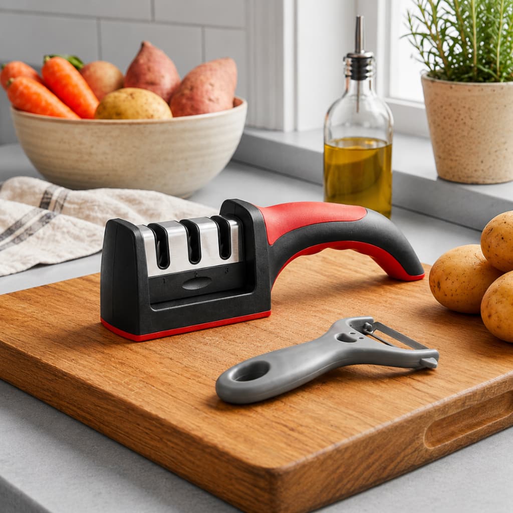 Kit Afiador Amolador De Facas Com Cabo E Descascador Cortador Ralador De Legumes Para Cozinha