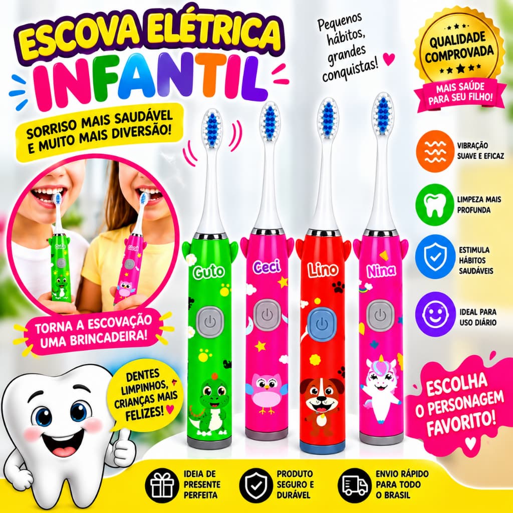 Escova de Dente Elétrica Infantil Criança Automática Cerdas Macias Escova Dental Elétrica Kids Higiene Bucal Pilha AA