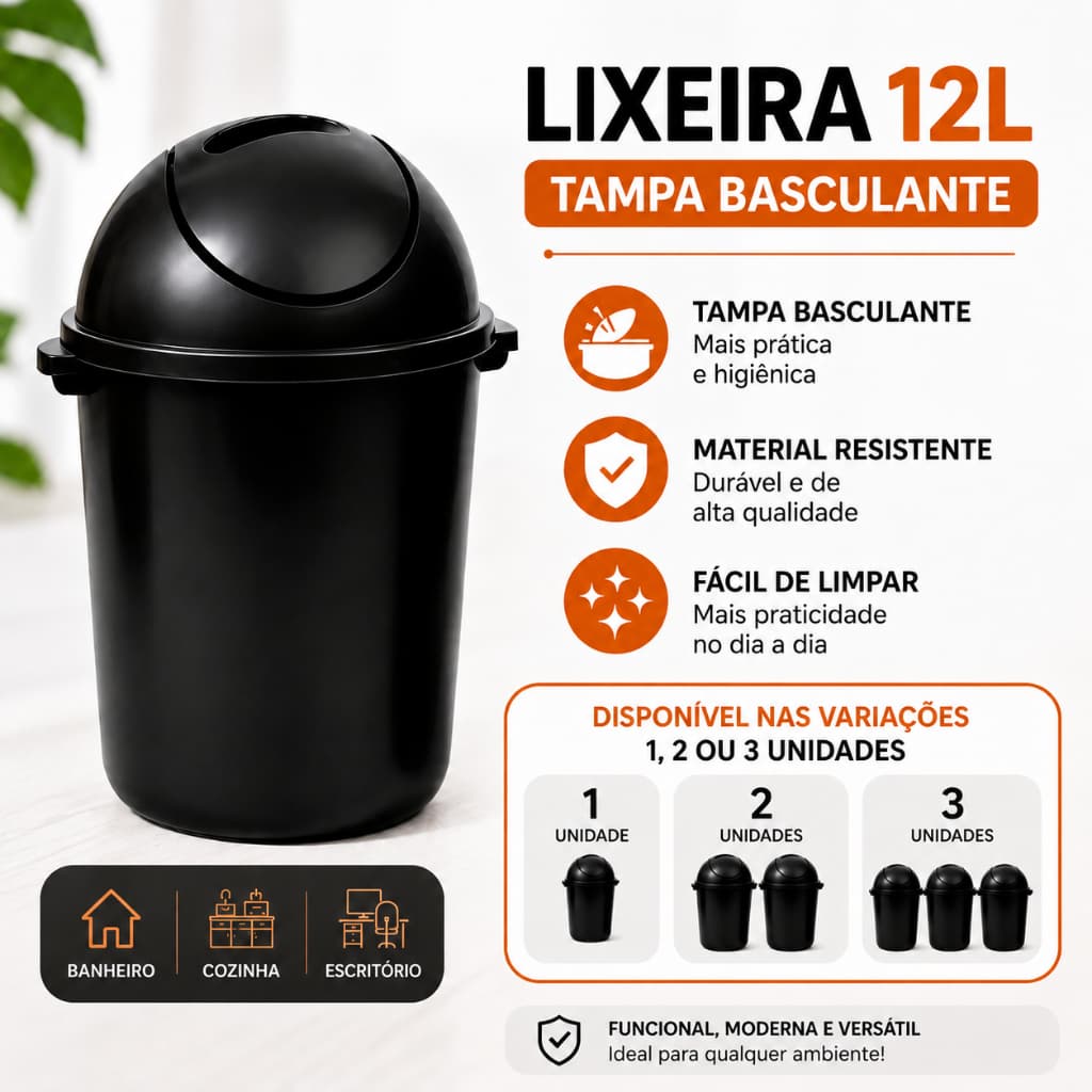 Lixeira Preta 12 Litros com Tampa Basculante para Cozinha Banheiro e Escritório