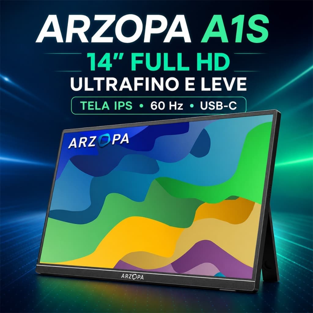 Monitor Portátil ARZOPA A1S 14” FHD IPS 60Hz USB-C Mini HDMI Ultrafino para Notebook PC e Console