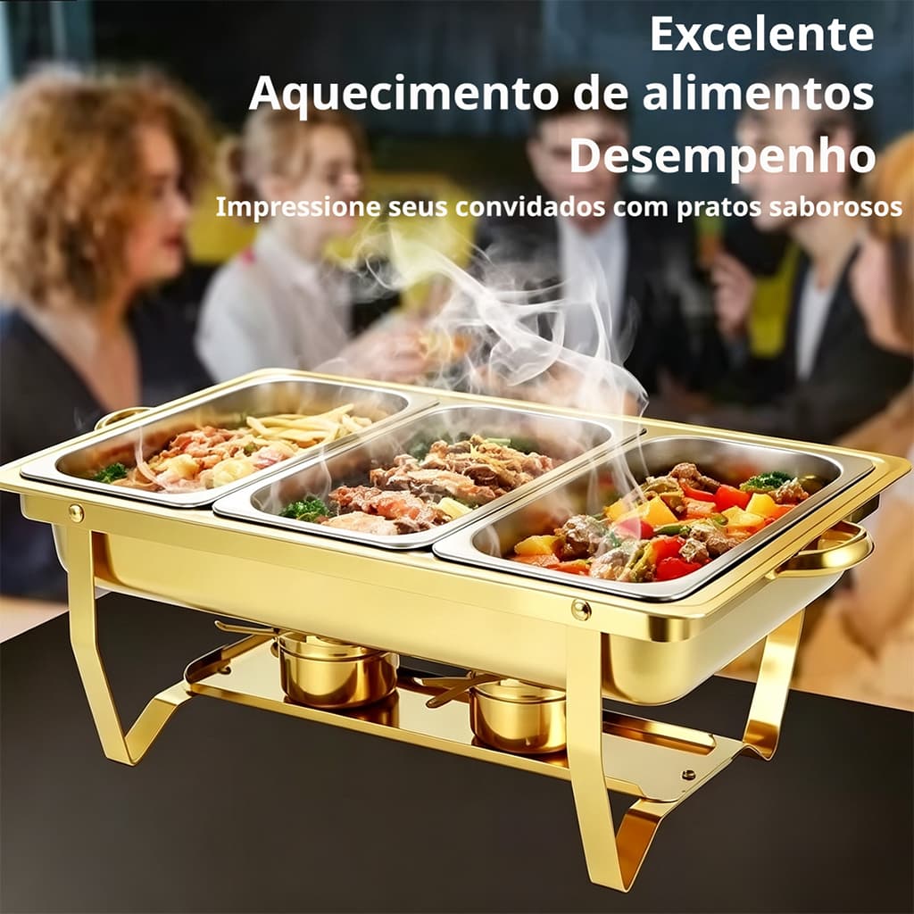 Rechaud Profissional Inox 12 Litros Panelas Banho Maria com 1, 2 ou 3 Divisórias/Cubas para Buffet Festas Eventos