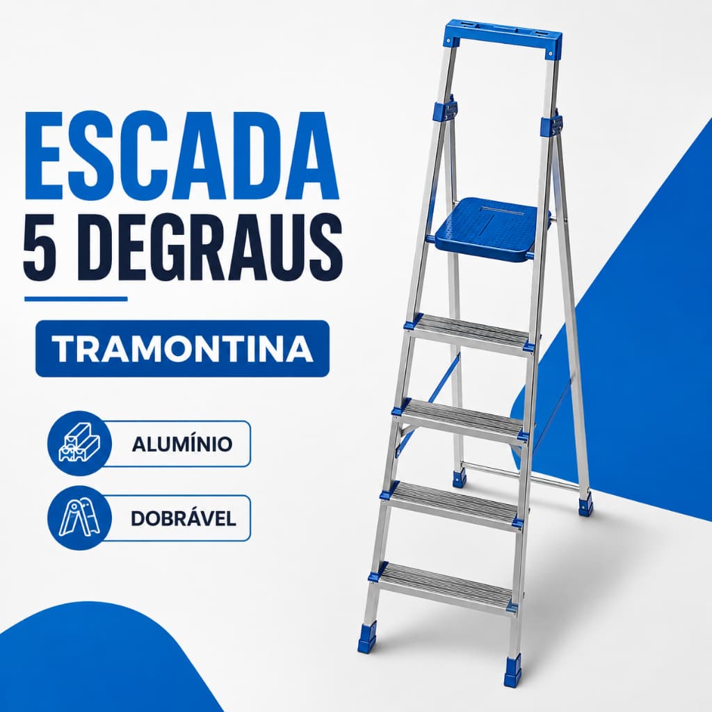 Escada de Alumínio Tramontina 5 Degraus Dobrável com Plataforma Suporta Até 150 kg