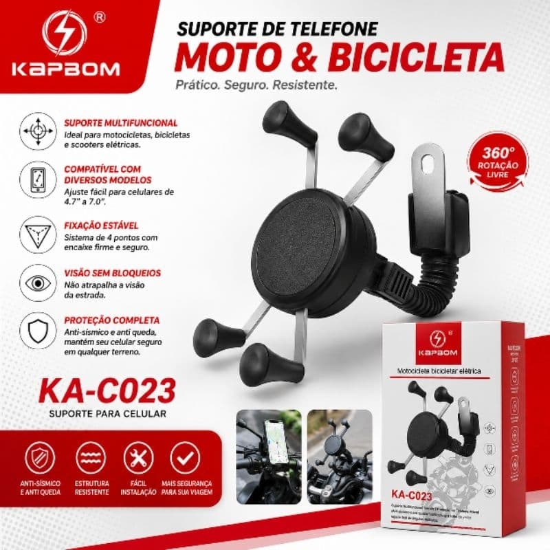 Suporte de Celular para Moto e Bicicleta KAPBOM KA-C023 – Suporte Multifuncional, Anti-Queda e Rotação 360°