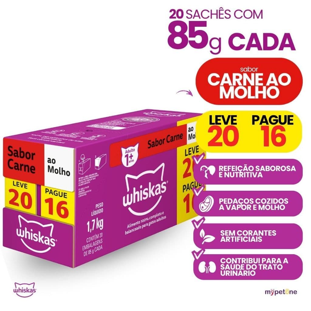 Caixa Ração Úmida 85g Sachê Carne ao Molho para Gatos Adultos Whiskas - Pague 16 Leve 20