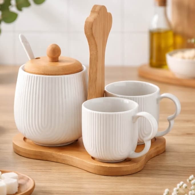 Jogo 2 Xícaras de Café 90ml e Açucareiro com Suporte de Bambu Para Cantinho do Café
