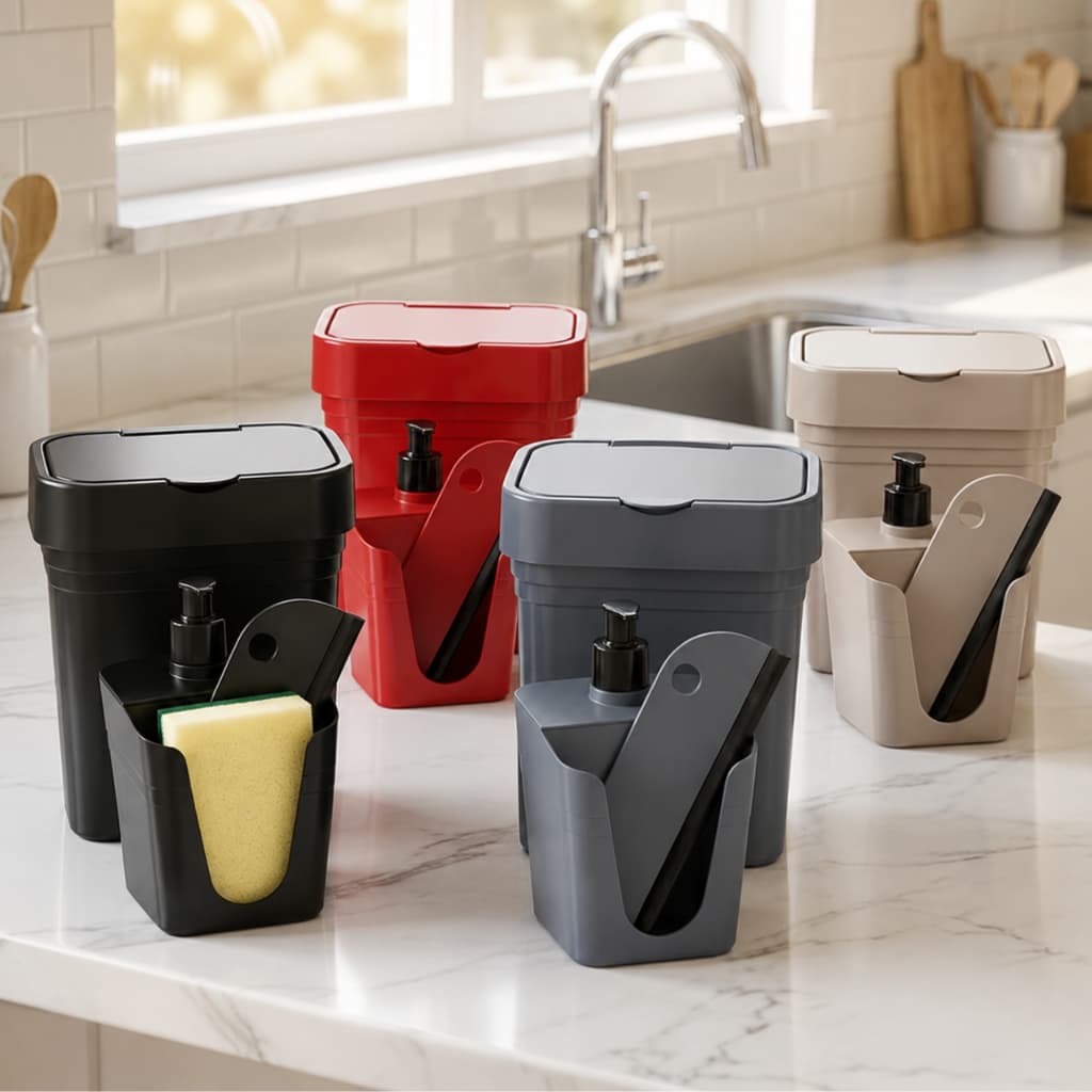 Kit Pia de Cozinha Luxo Lixeira 2,8L + Dispenser de Detergente e Porta Esponja + Rodo Compacto