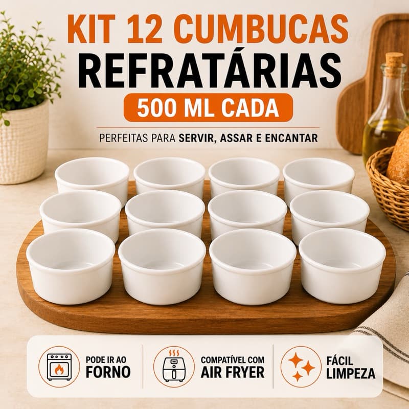 Kit 12 Cumbucas Bowl Tigela 500ml Porcelana Refrataria Branca Forno e Mesa Ideal Para Servir