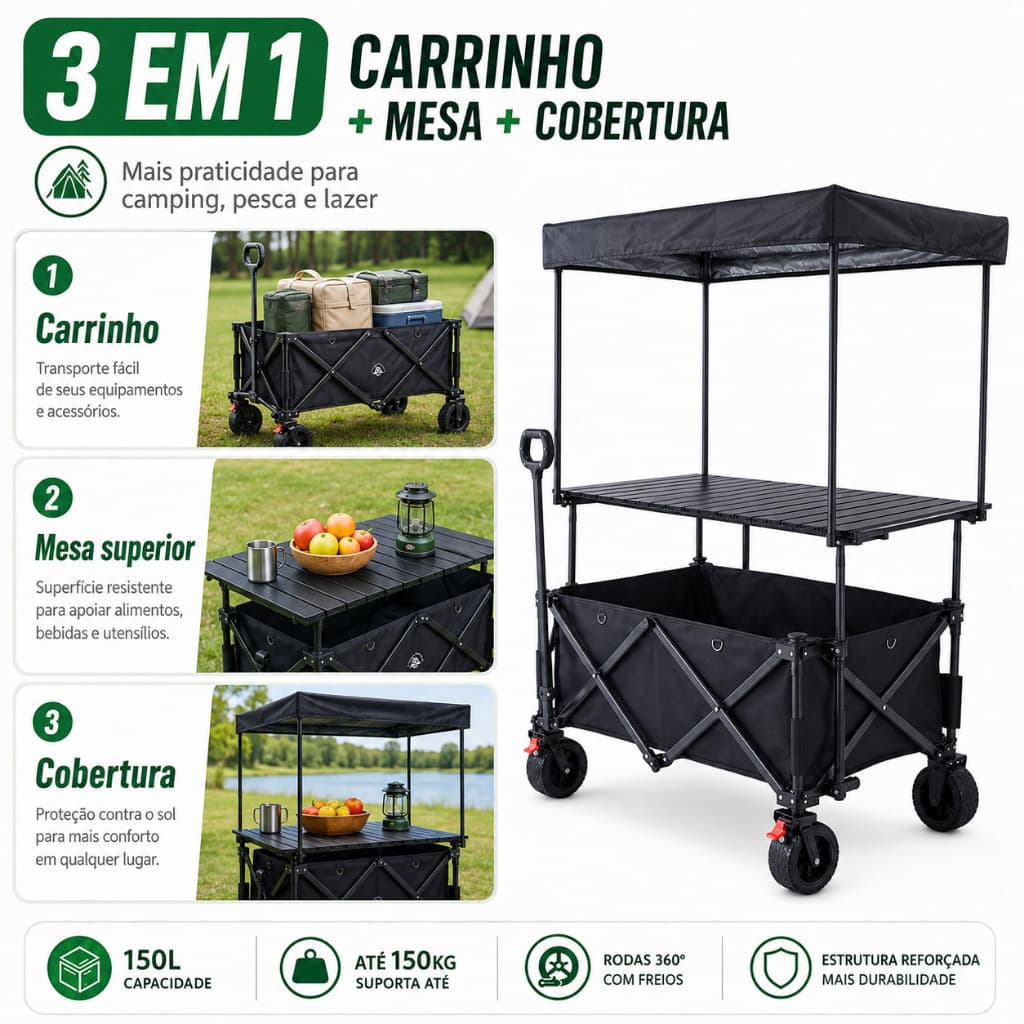 Carrinho Dobrável Multiuso 150kg Carrinho de Compras Dobrável com Mesa e Toldo para Camping Praia Pesca