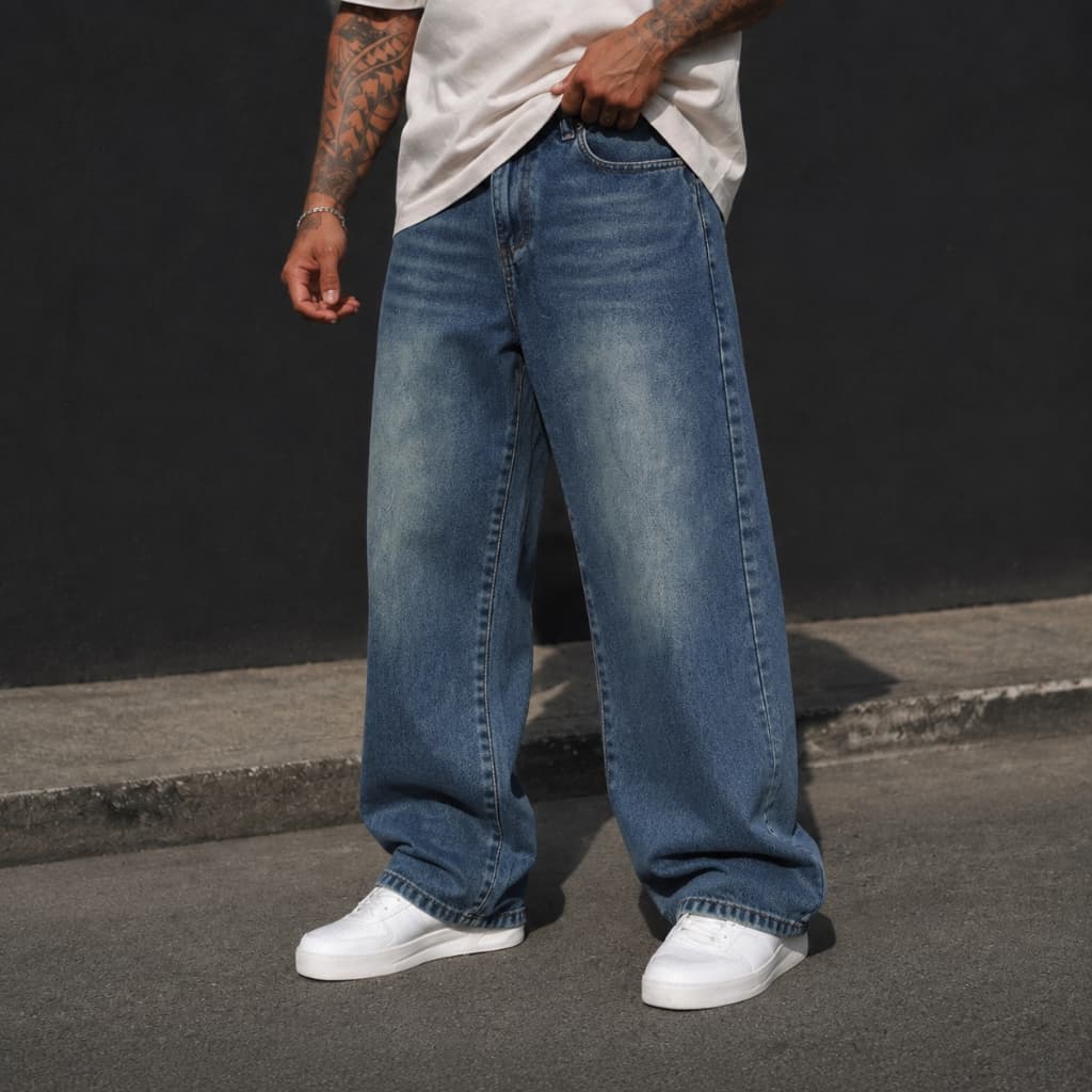 Calça Jeans Masculina Wide Leg Reta Algodão Elastano Azul Vintage streetwear