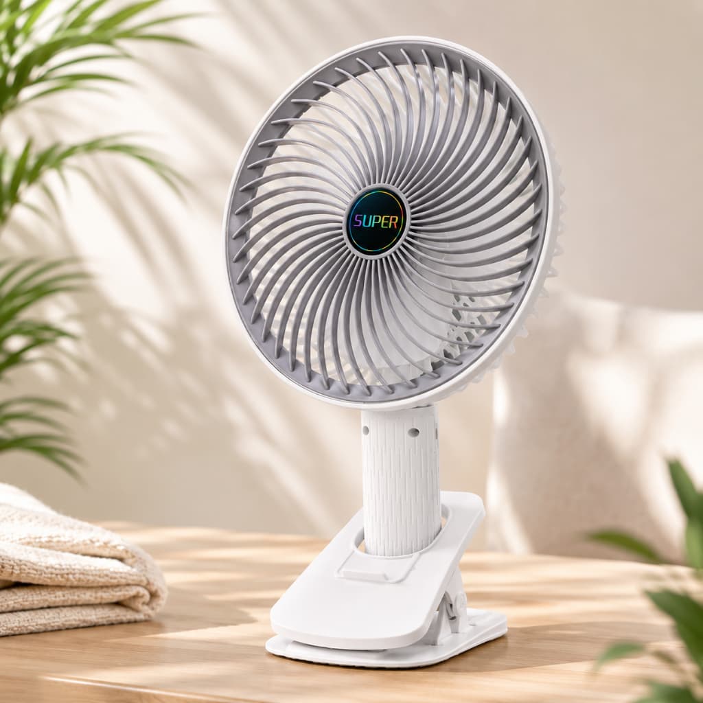 VENTILADOR DE MESA SILENCIOSO COM CLIPE USB RECAREGAVEL 3 PÁS BRANCO
