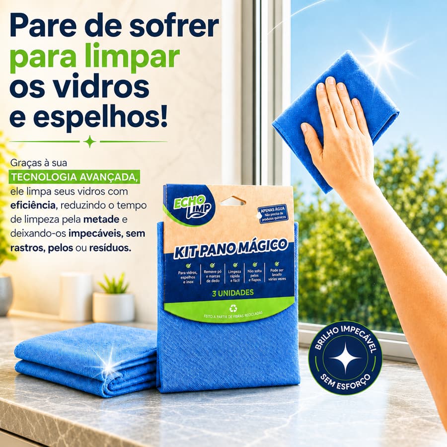 Pano Mágico Limpa Vidro Espelhos Poliéster e Poliamida Microfibra Limpeza Echo Limp Limpa Janelas