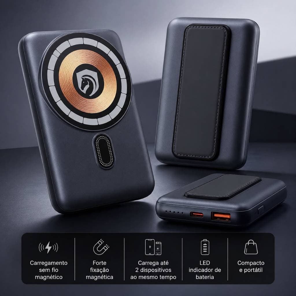 ￼Carregador Portátil Power Bank Turbo 22.5w Bateria 10000mah Por indução Magnético Com Suporte