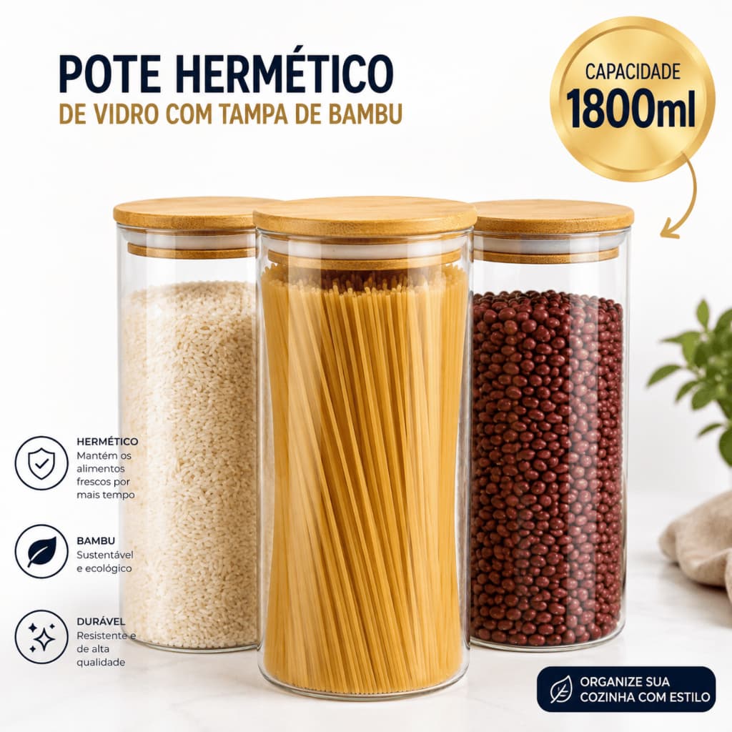 Kit Potes Vidro Hermético 1800ml Tampa Bambu Transparente Mantimentos Organizador Cozinha