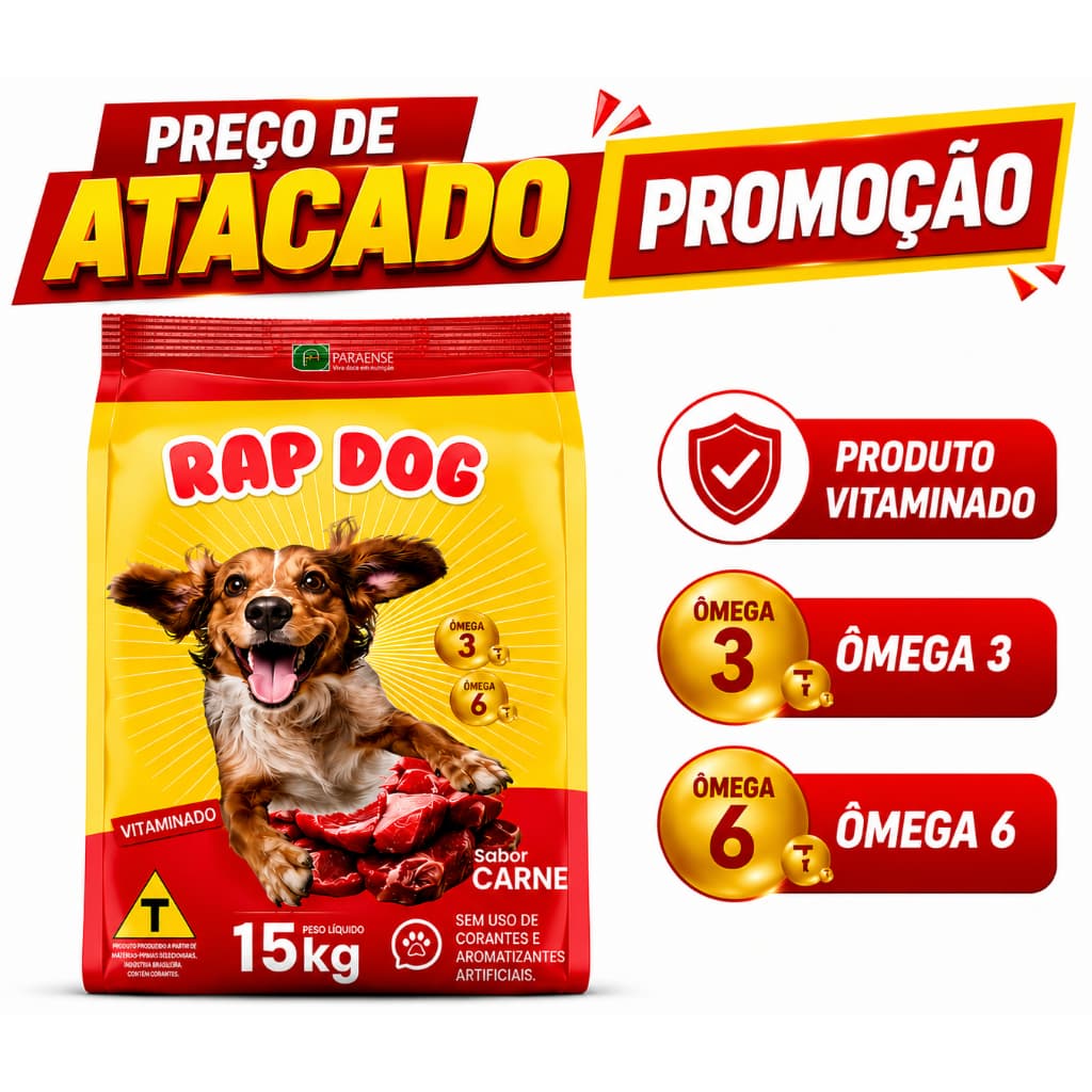 Ração para Cachorro Cães Adultos Rap Dog 15kg Sabor Carne Todo Dia - Sem Corante, Alimento Vitaminado