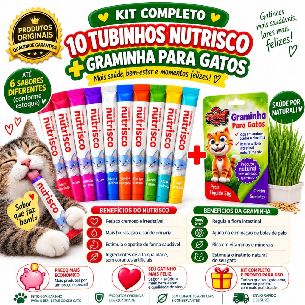 Kit 10 Petiscos Para Gatos Nutrisco Snack + Graminha Para Gatos 50g
