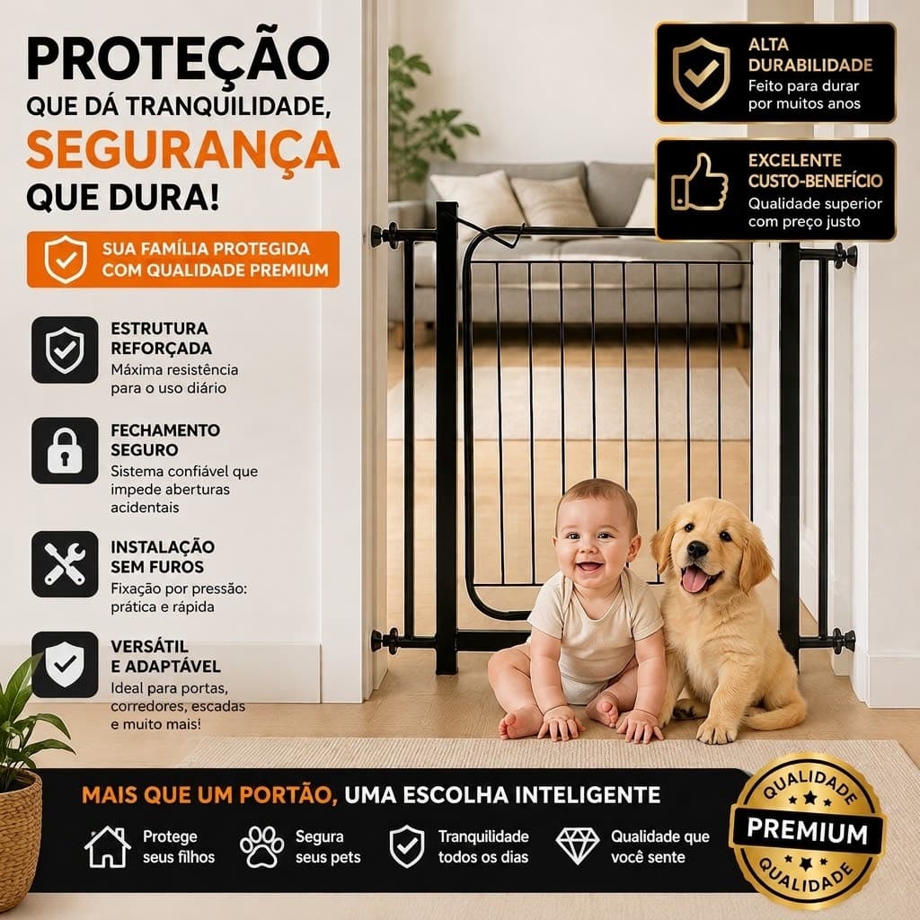 Portão De Segurança 70 A 80 Cm Para Bebê e Pet Slim B Para Portas e Escadas  Proteção Removível Cor Preto