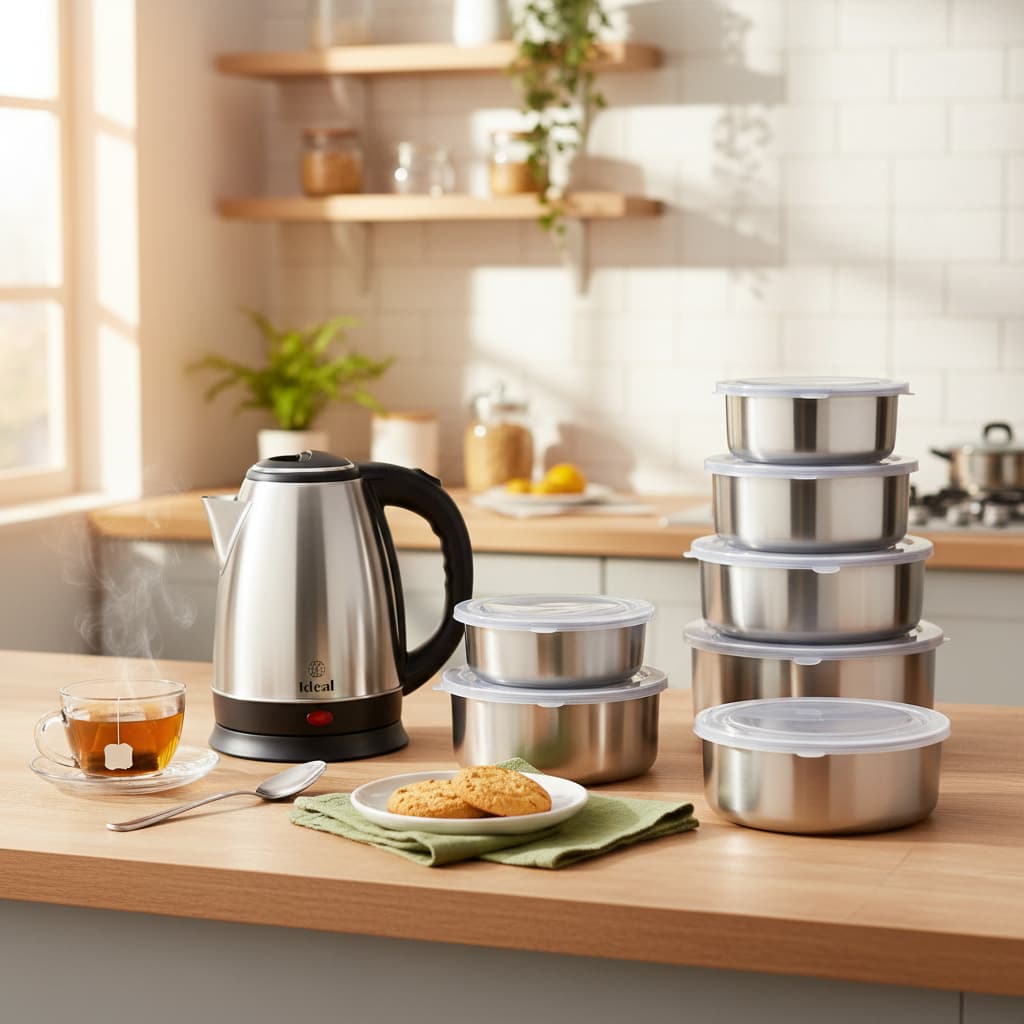 Kit Chaleira Elétrica +Jogo 5 Potes Herméticos Inox Redondo com Tampa Conjunto Cozinha Premium Elegante Tigelas