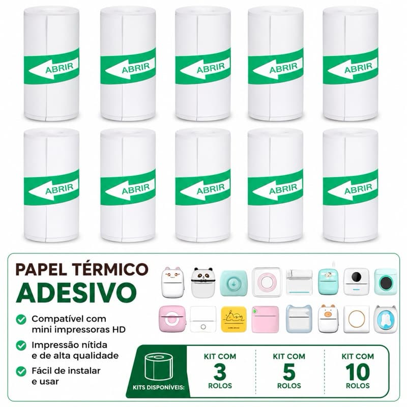 Kit 5 Rolos Bobinas Papel Continuo Adesivo Autocolante e 5 Sem Adesivo Para Mini Impressora Térmica Etiqueta Sem Tinta