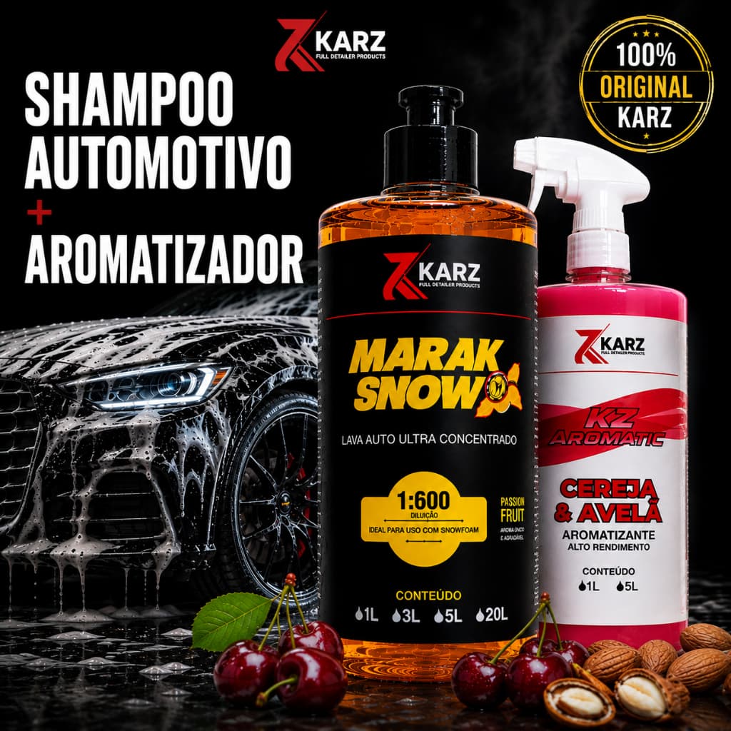 Kit Lavagem Automotiva KARZ | Shampoo Automotivo pH Neutro 500ml + Aromatizador Automotivo 1L