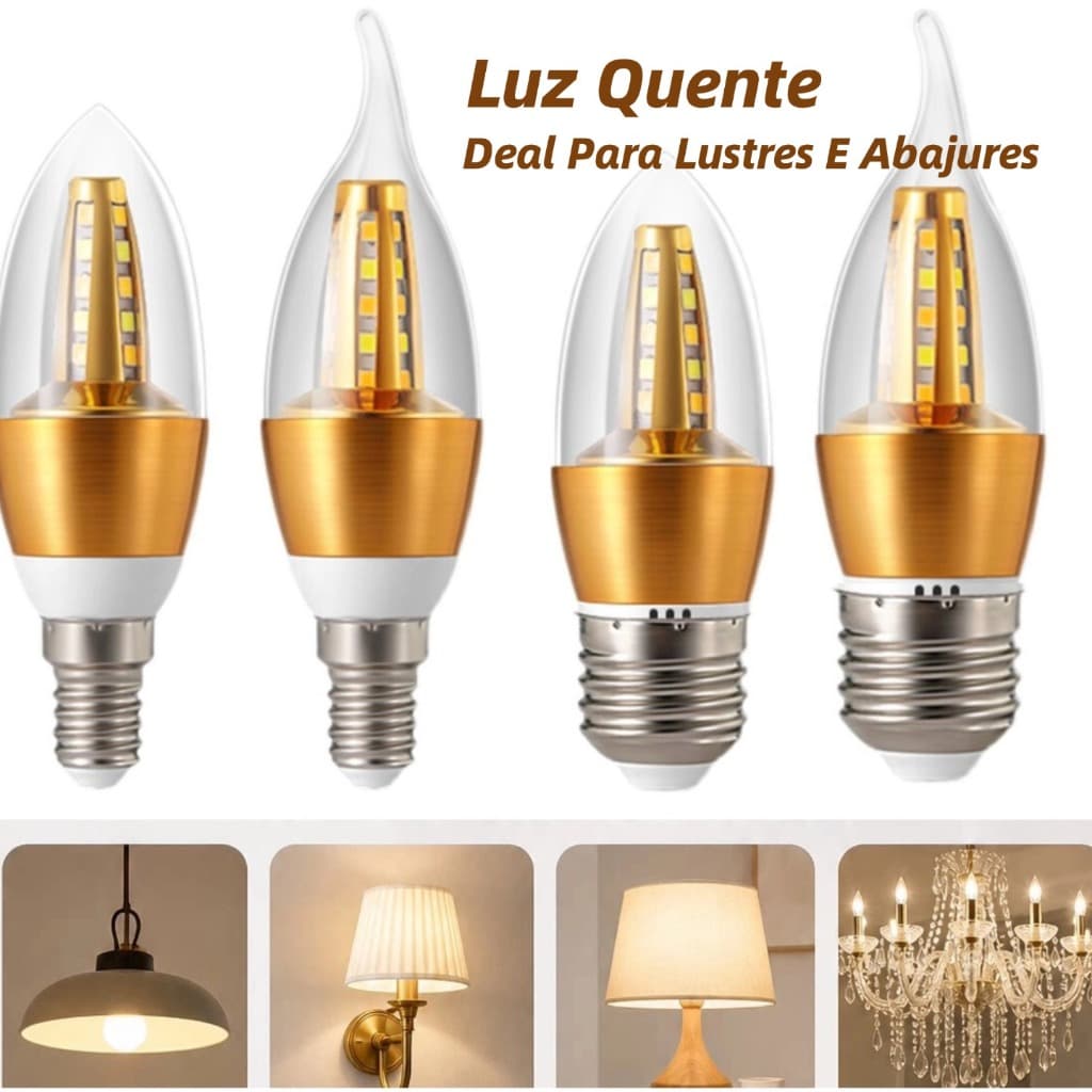 kit 6 Lâmpada LED Vela Dourada E27/E14 Decorativa Vintage para Lustre e Pendente