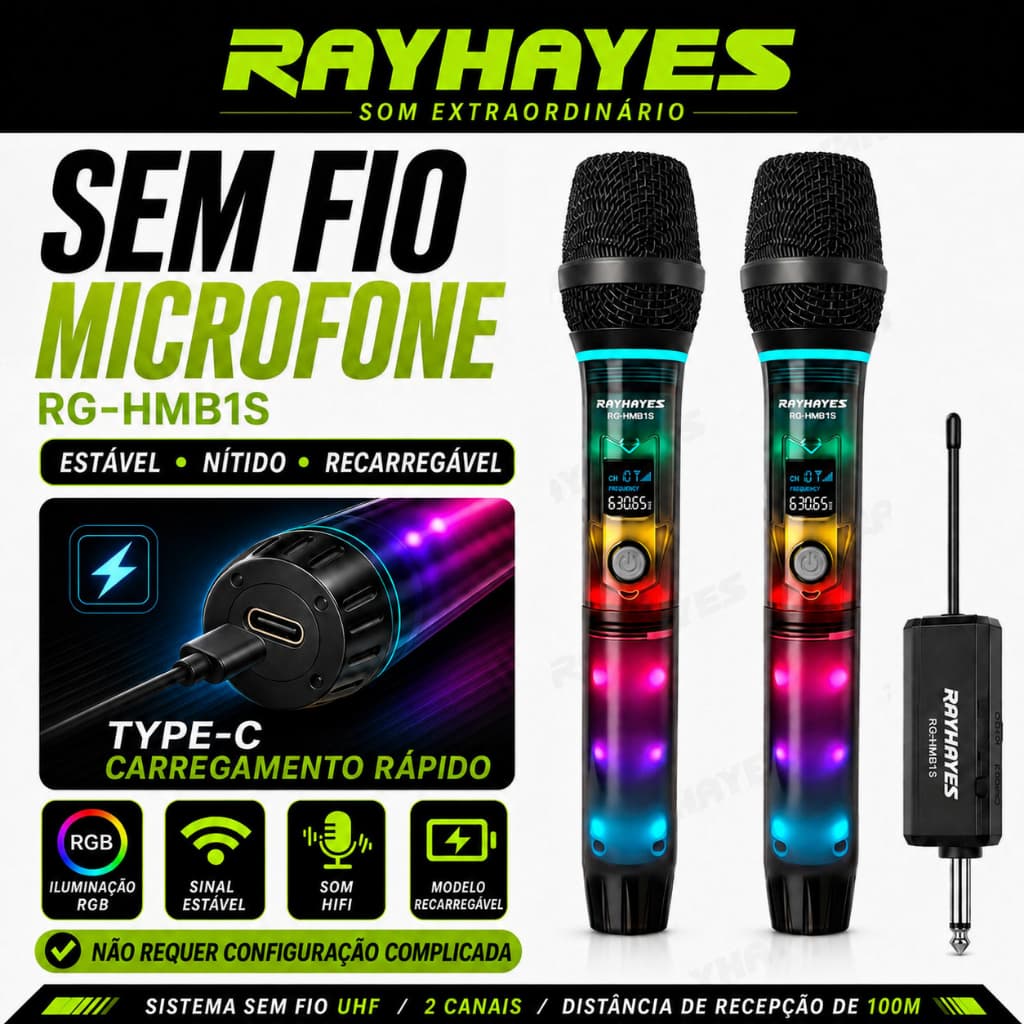 Microfones Sem Fio RAYHAYES RG-HMB1S Duplo Com Iluminação RGB, Redução De Ruído Para Karaokê Festa Em Casa