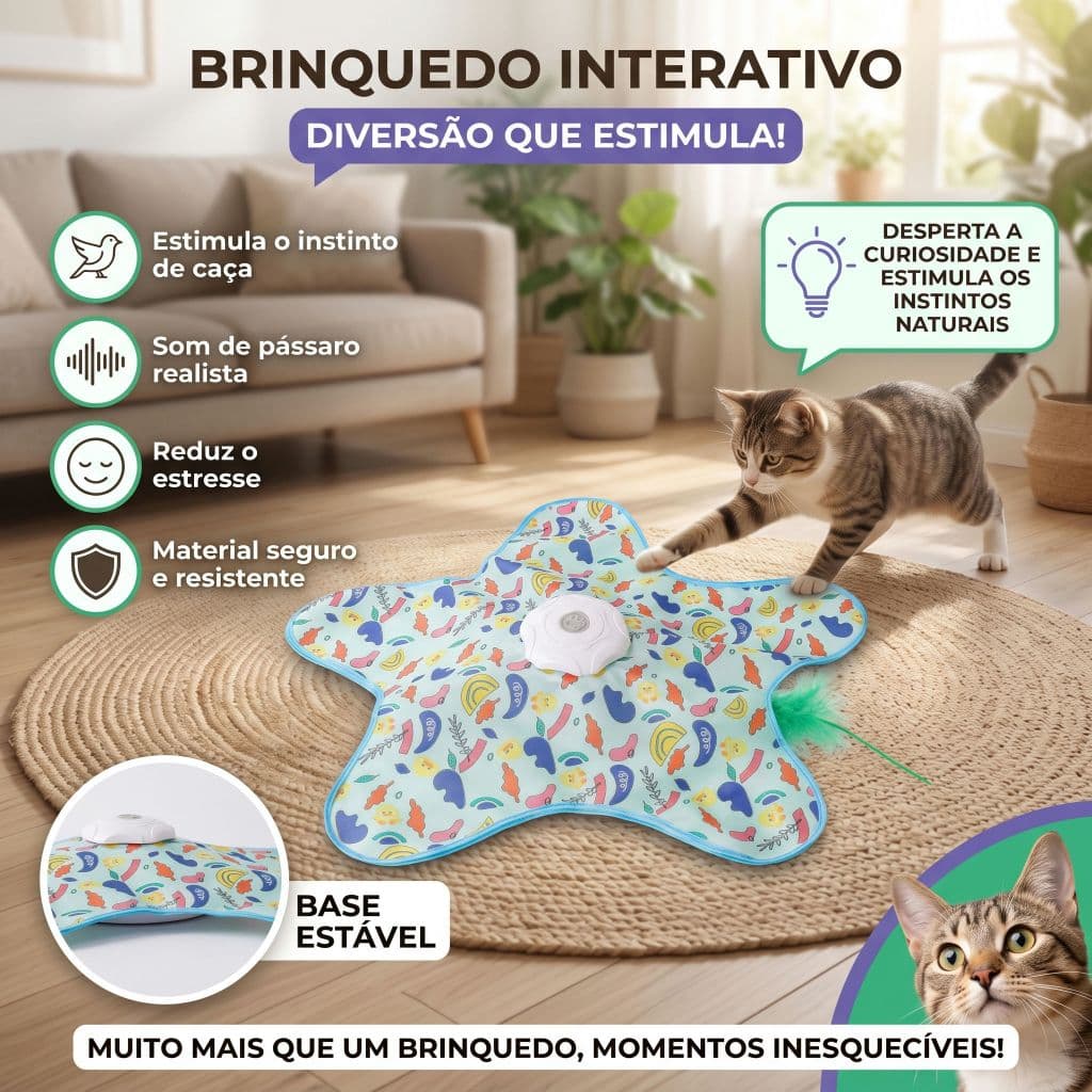 Brinquedo em Forma de Estrela Interativo para Gatos, Mouse Ativado por Movimento, Sons Atraentes e Penas Ocultas