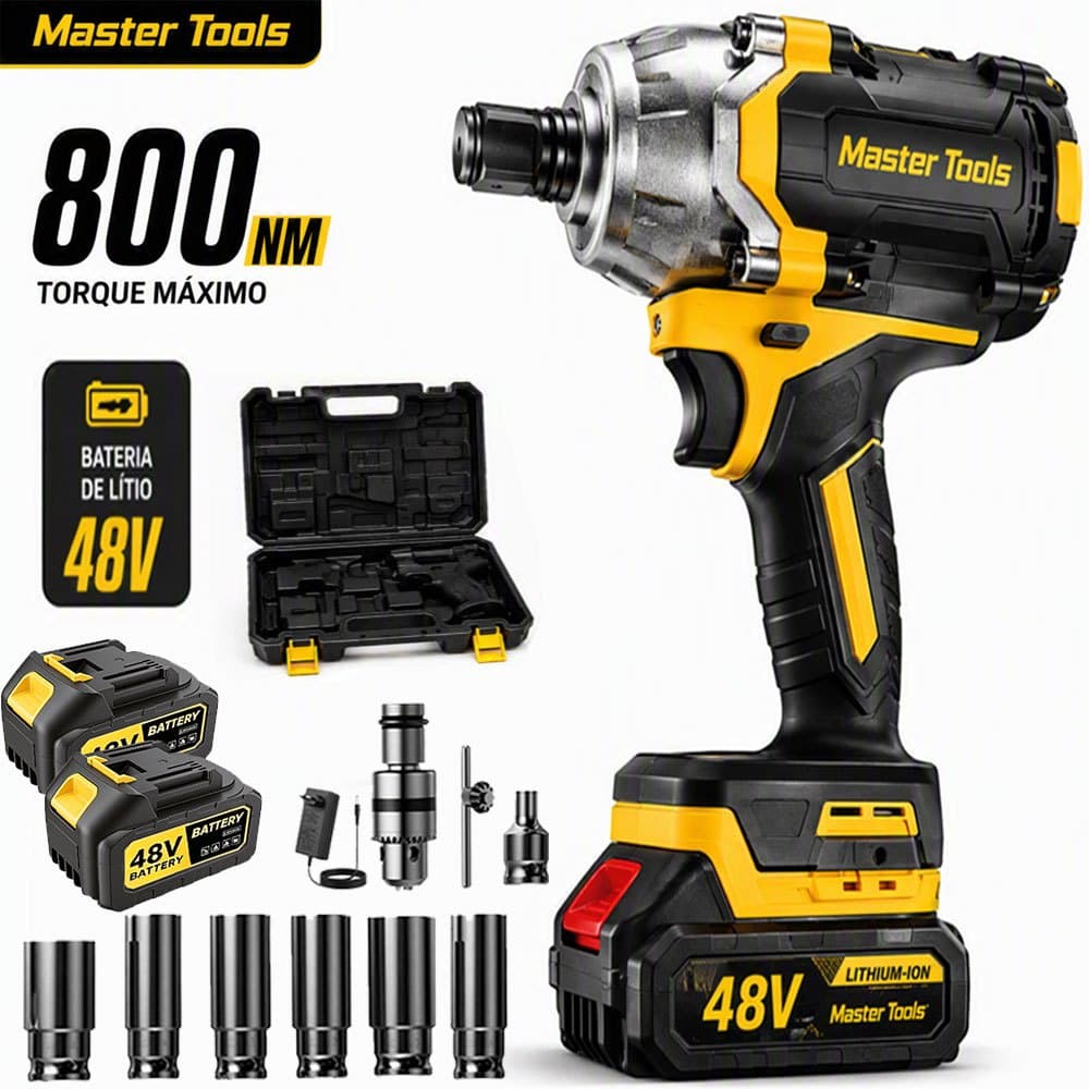 Chave de Impacto 48V 800Nm Sem Fio com 2 Baterias, Adaptador para Brocas e Maleta Plástica Profissional Completa