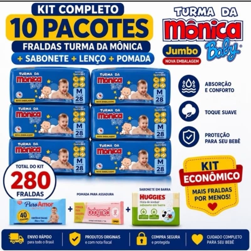 Kit Fraldas Turma da Mônica | Escolha Tamanho | 10 Pacotes  Sabonete+ lenço e pomada