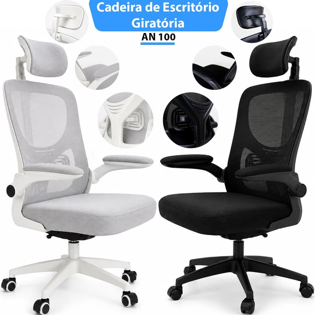 Cadeira De Escritório Ergonômica  Reunião Giratória Preto Mesh Com Encosto De Cabeça e Lombar