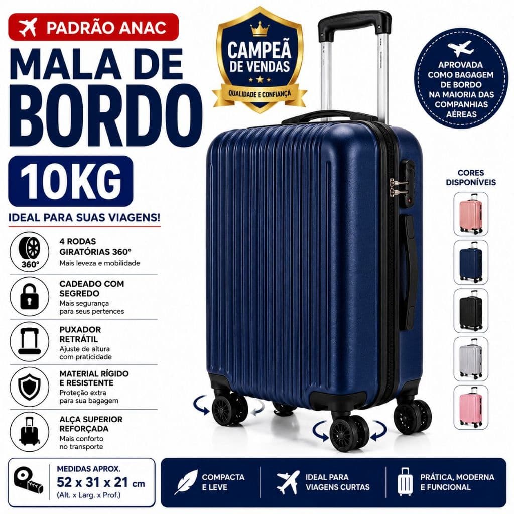 Mala de Bordo 10kg Padrão ANAC Rígida 4 Rodas 360° com Cadeado para Viagem