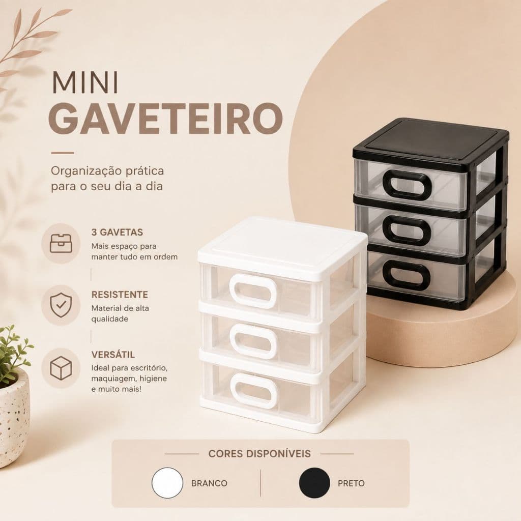 Mini Gaveteiro 3 Gavetas Organizador De Mesa Micro Porta Tudo Compacto