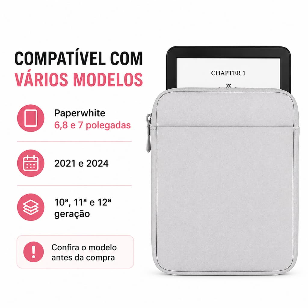 Capa Bolsa Kindle Paperwhite 7” 6.8” 2024 2021 10ª 11ª 12ª Geração Case Protetora Anti Risco com Zíper