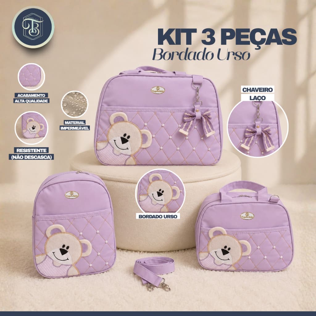 Kit Bolsa de Bebê Urso de Lado 3 Peças (Lilás)