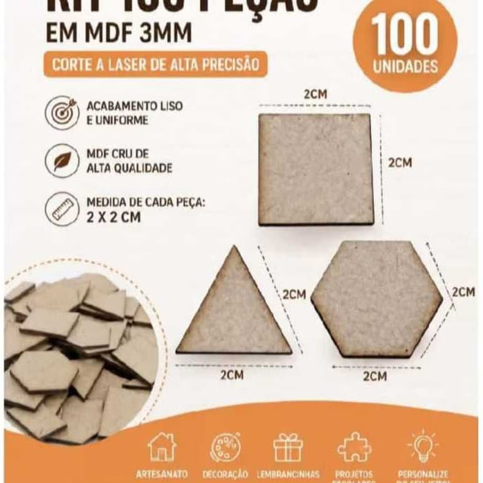 Recortes para artesanato, triângulo, hexágono e quadrado mdf 3mm kit com 100und.