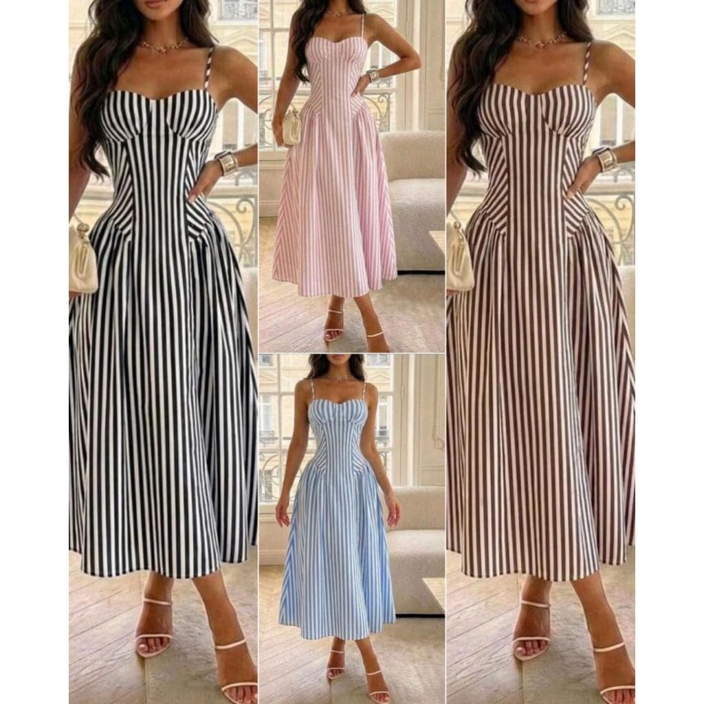 Vestido Célia Listrado Feminino Com Bojo Com Regulagem Na Alça Forrado Elegante Moda Casual