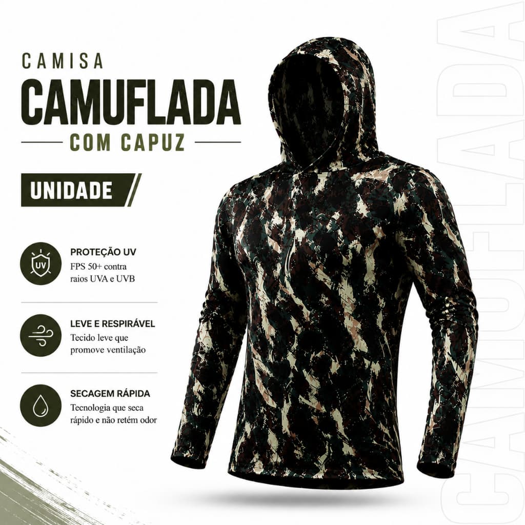 Camisa Térmica Camuflada Com Capuz UV 50 Proteção Solar Segunda Pele Manga Longa Esporte Antiodor Militar Pescaria