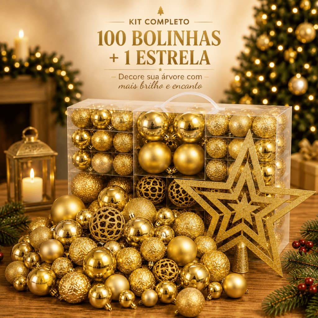 Kit 100 Bolas de Natal + Estrela para Árvore Decoração Premium Bolinhas Mistas Lisas Foscas Glitter Dourada e Vermelha