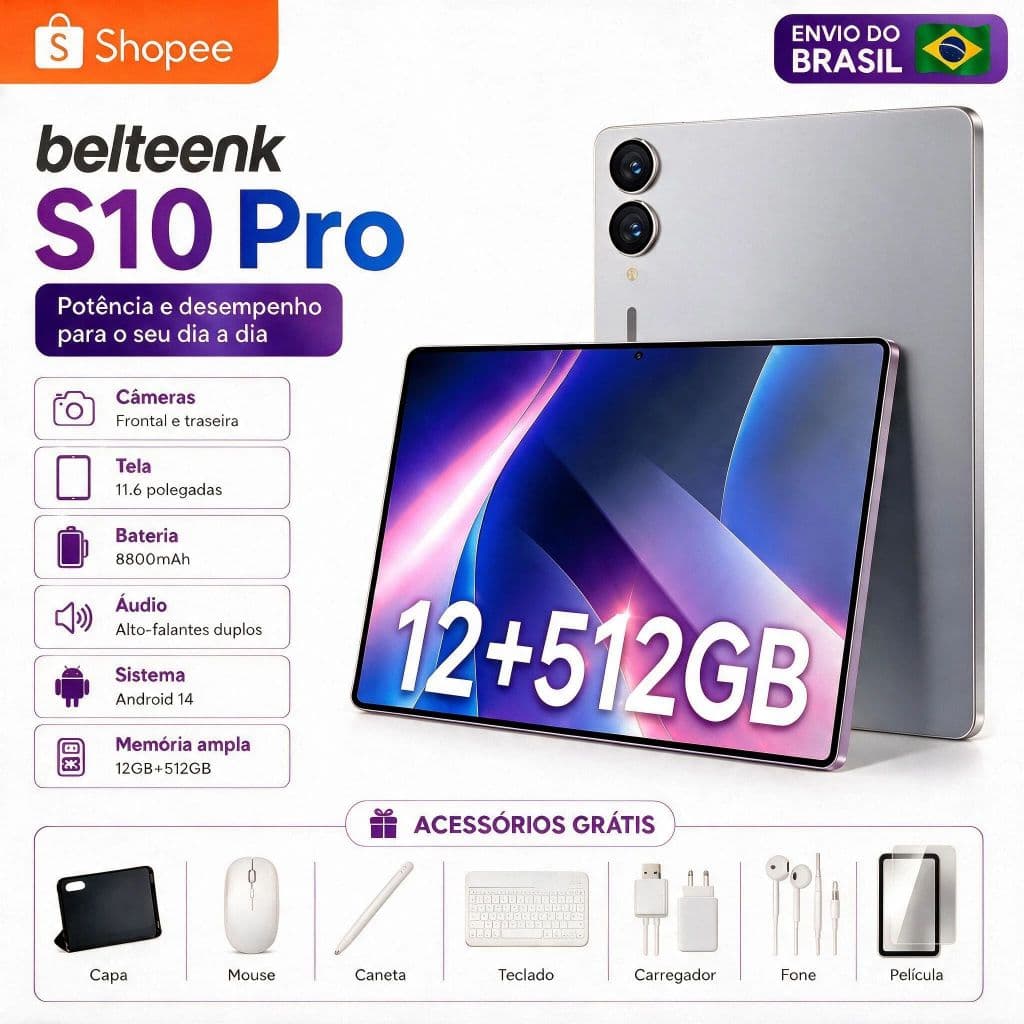 belteenk Tablet S10Pro 11.6” com Teclado+Mouse 12GB RAM 512GB Android 14 8800mAh Câmera 24MP+48MP
