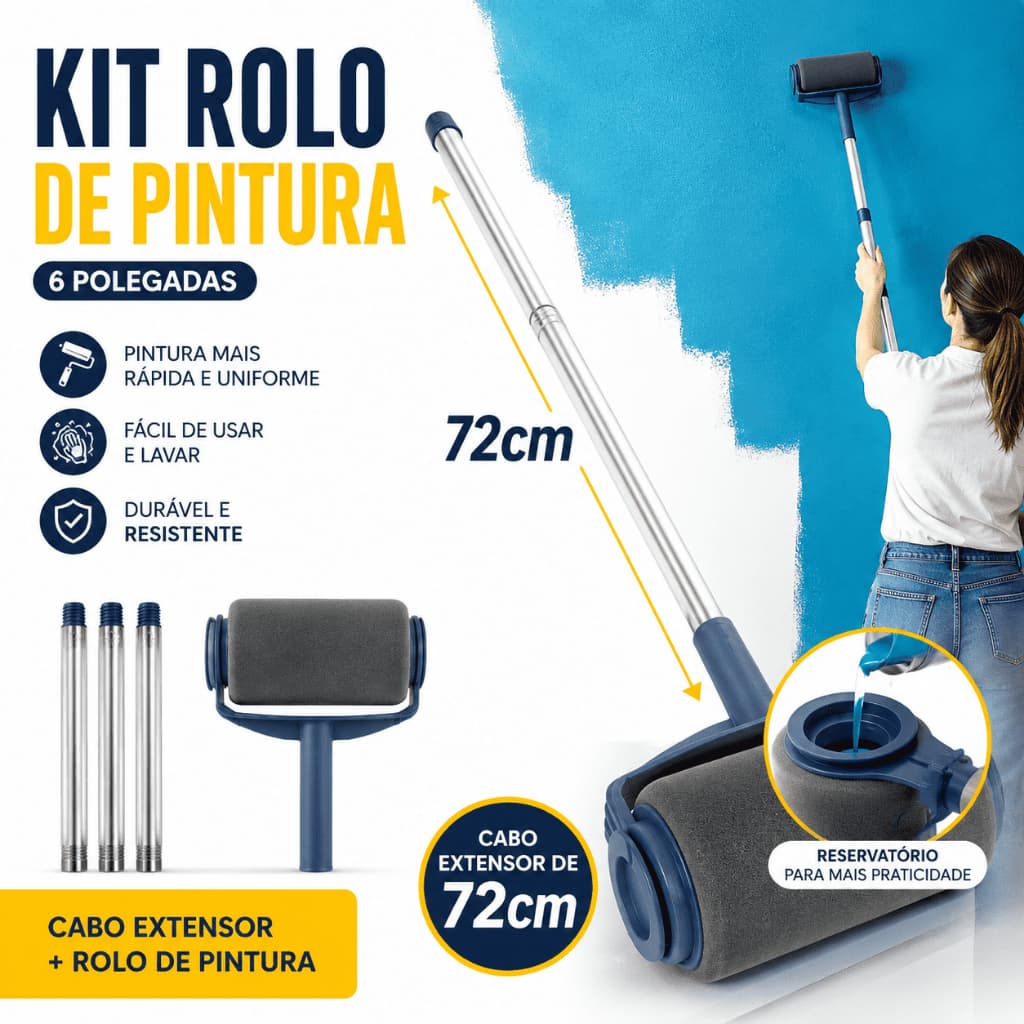 Kit Rolo de Pintura 6 Polegadas com Cabo Extensor 72cm para Parede Teto Pintura