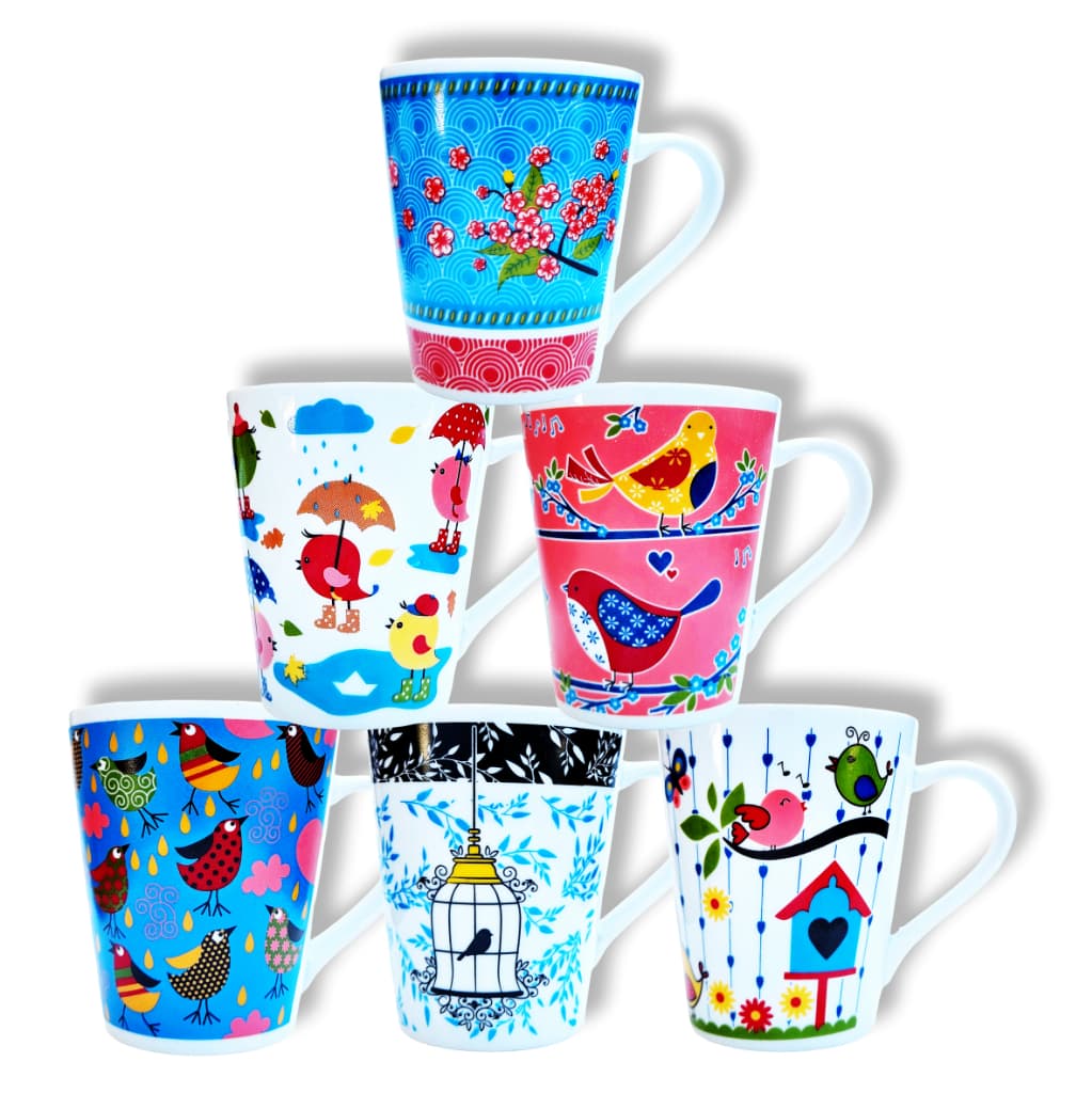 Canecas de porcelana brancas, cônicas, decoradas, 290 ml, xícara, café, chá, Col1-Pássaros e Borboletas