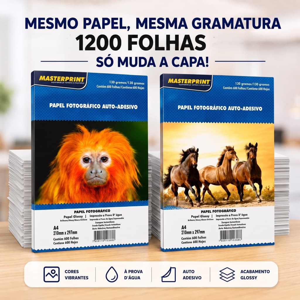 Papel Fotográfico Adesivo A4 130g Glossy Brilhante 1200 Folhas Masterprint (MESMO PAPEL • CAPA DA EMBALAGEM PODE VARIAR)