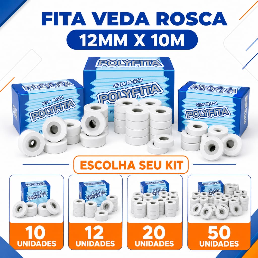 Kit Fita Veda Rosca Polyfitas 12mm x 10m para Torneira Chuveiro e Conexões – 10, 12, 20 ou 50 Unidades