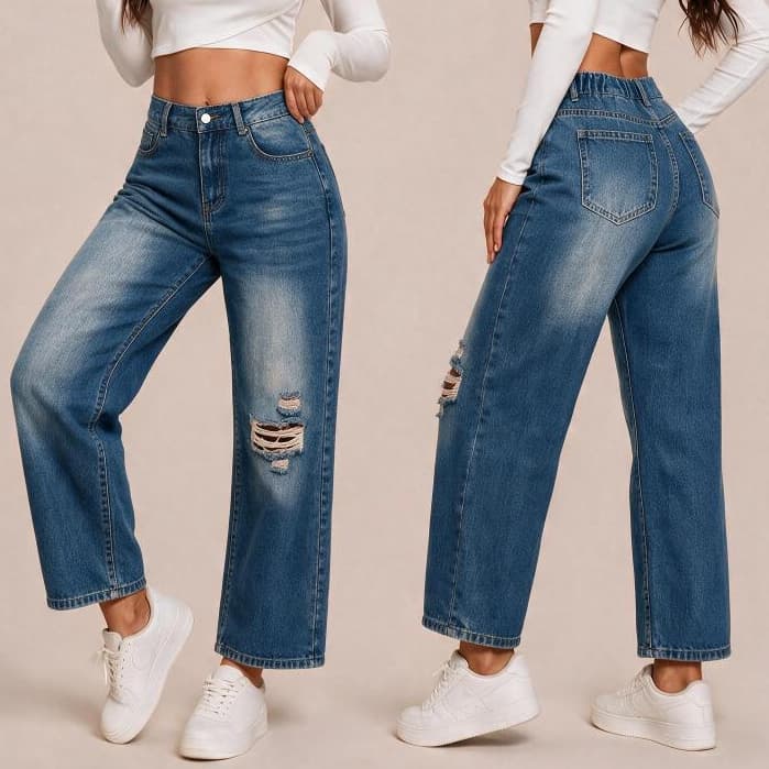 Calça Jeans Feminina Wide Leg Cintura Alta Pantalona Perna Larga Baggy Destroyed Rasgada Jeans Casual Moda