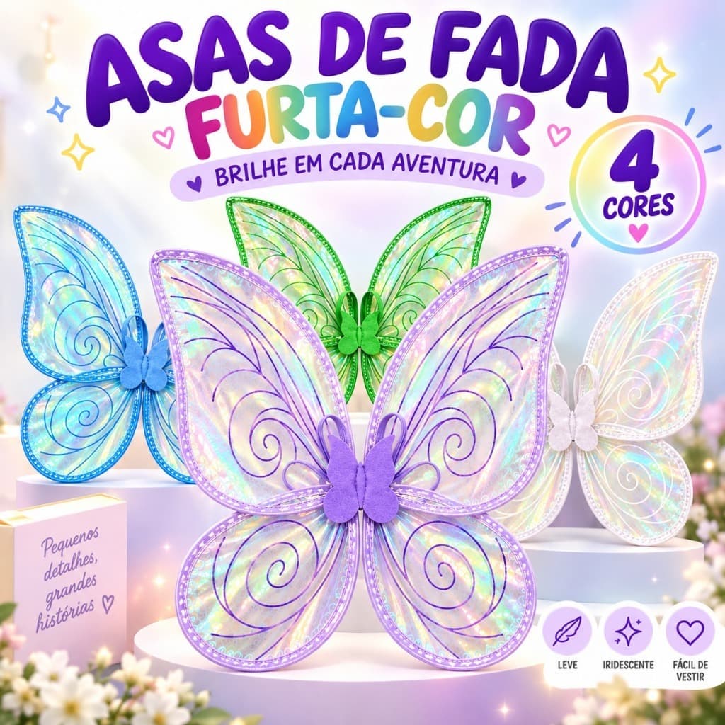 Asa de Fada Furta-Cor Luxo Infantil e Adulto Brilhante Borboleta Fantasia Carnaval Festa 60x48cm