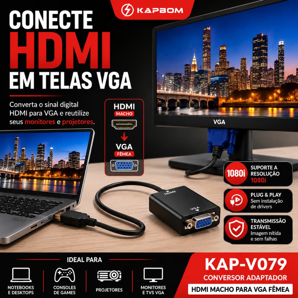 Conversor Adaptador De Vídeo Hdmi Macho Para Vga Femea