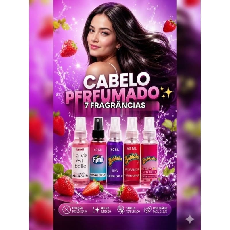 Perfume Capilar Feminino 60ml Morango Uva Tutti Frutti Brilho Antifrizz