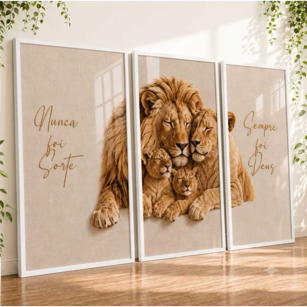 quadros decorativos familia de leão filhotes frase sempre foi deus sala hall