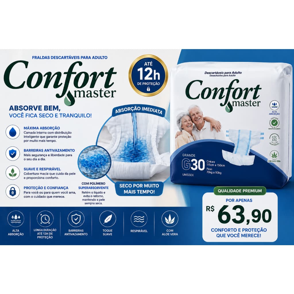 Fralda Geriátrica Adulto Confort Master G – 30 Unidades | Alta Absorção e Conforto