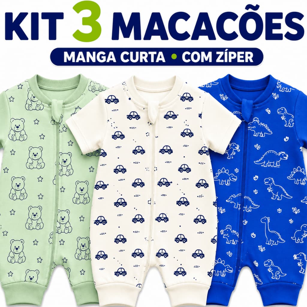 Kit 3 Macacão Bebê Curto Verão Menino Manga Curta com Zíper Suedine 100% Algodão Estampado Roupa Bebê RN P M